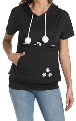 MEGAVOW Kurzarm Kapuzenpullover Damen Hoodie Pullover Sommer Sweatshirt mit Große Tasche, Casual Oberteile Pulli Hoodie Kapuze Katzenpulli