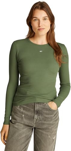 Tommy Jeans Women's Long Sleeve Essential Slim Fit Cotton Top, Green (Aruba Green), XL