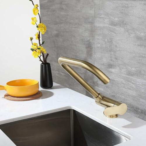 XJTNLB Mitigeur Cuisine Rabattable Doré Brossé Robinet Cuisine Rabattable Sous Fenetre Mitigeur Cuisine en L Robinet Rotatif pour Produire de L'Eau Chaude et Froide Robinetterie Cuisine Pliable