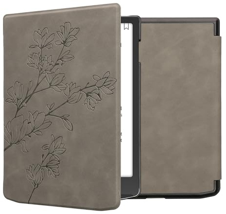 kwmobile Schutzhülle für Pocketbook InkPad 4 / Color 3 / Color 2 / Vivlio InkPad 4 / InkPad Color 3 Hülle - eReader Case aus Kunstleder mit Auto Sleep Funktion - Magnolien mit Grau