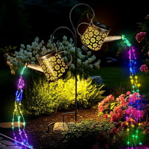 KERNOWO Solar Watering Can Light, 2 Pack Updated Garden Ornaments Outdoor Decorations Solar Lights IP65 Waterproof Metal Pathway Lighting with String Lights & Shepherd Hook (Plum Blossom)