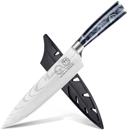 XYJ Authentic Since 1986,8 Inch Japanese Chef Knife,Stainless Steel,Vein Damascus Pattern Sharp Blade,Meat Cleaver for Meat Cutting,Professional Kitchen Knife With Sheath,Outdoor Camping BBQ