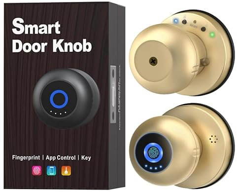 Smart Door Knobs Lock, Fingerprint Biometric Keyless Entry Electronic Digital Bluetooth App Control WiFi Door Lock for Interior Apartment Garage Front Door (Gold 001)