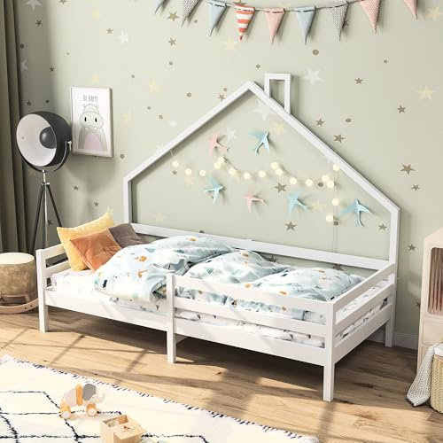 jeerbly Kinderbett 90x200 cm, Hausbett Bodenbett mit Rausfallschutz und Lattenrost, Baumhausbett aus Massivholz Kiefer, Kinder Bettgestell Jugendbett Einzelbett, Weiß