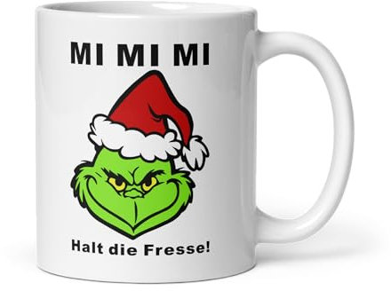 Grinch Tasse 330 ml - Lustige Anti-Weihnachten Tasse mit sarkastischem Spruch Mi Mi Mi Halt die Fresse! – Perfektes für ironische Weihnachtsmuffel