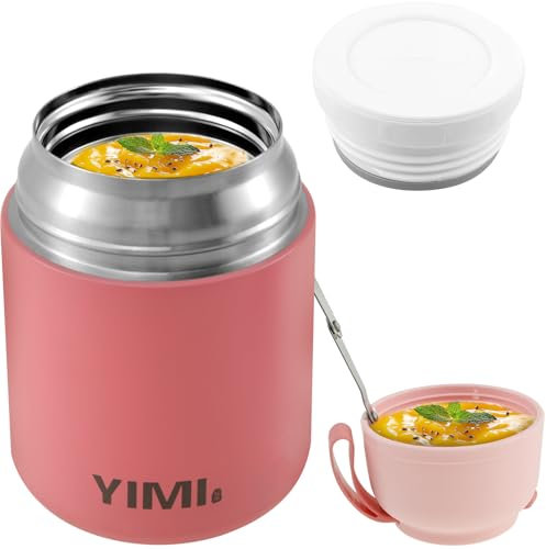 GUIJZSLTRG Food Flask with Stainless Steel Folding Spoon 530ml Vacuum Double Walled Insulated Food Jars Leakproof Thermal Food Container Soup Containers for Hot Food Keep 12H and Cold 24H(Pink)