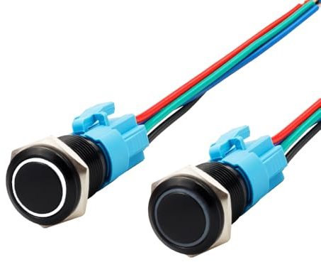 Treki 2 Stück 16mm Verriegelung Druckschalter mit Led 12v Beleuchtet Drucktaster mit 2-teilig Kabelbuchsenstecker, Wasserdicht Druckknopfschalter Schalter Tastend Flach Taster mit Symbol Licht (Weiß)