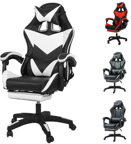 Yesuitme Gaming Chair with Footrest, Gaming Chair for Adults Computer Chair with Lumbar Cushion, Headrest, Height-Adjustable Office Chair(With Footrest, Black+White)