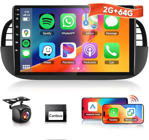 4 Core+64G Car Stereo for Fiat 500 2007-2015 Android Head Unit, Hodozzy 9 HD IPS Touchscreen Bluetooth Car Radio with Wireless Carplay Android Auto GPS WiFi FM/RDS USB SWC AHD Backup Camera