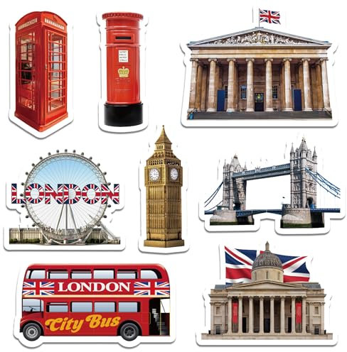 Imán para nevera de Londres, regalo de recuerdo, 8 piezas de iconos de diseño de construcción británica con Tower Bridge London Eye, imanes de regalo de recuerdos, caja de teléfono roja, autobús de