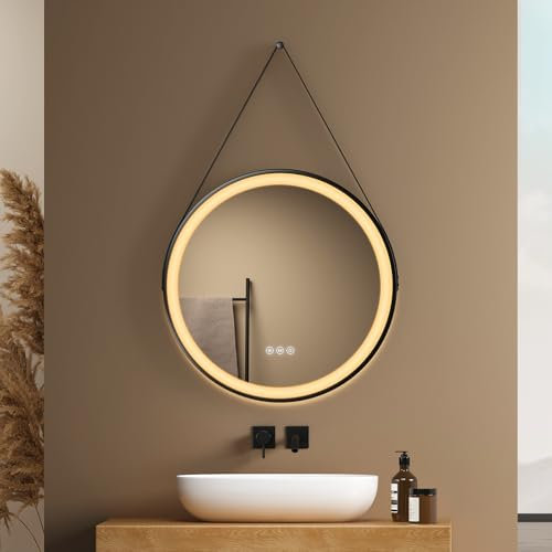 EMKE Badspiegel mit Beleuchtung Rund 50cm, Badezimmerspiegel mit 3 dimmbaren Lichtfarben, Antibeschlag, Touchschalter, Speicherfunktion, Schwarzer Runder Spiegel mit Spiegelband
