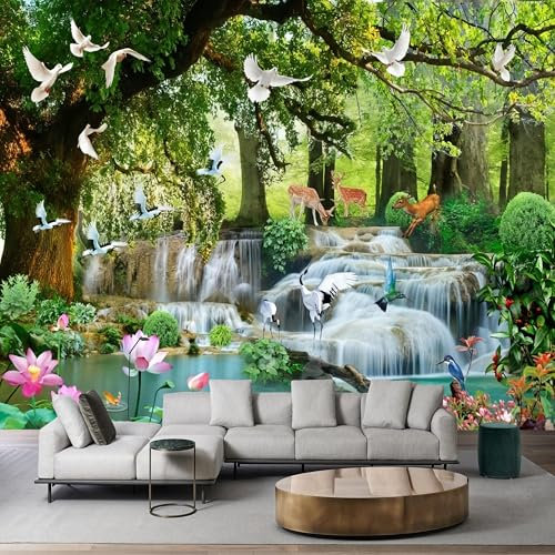 Custom Size Forest Waterfall Birds Lotus Peel and Stick Wallpaper - Removable Self-Adhesive Mural for Living Room, Bedroom & Tropical Nature Decor