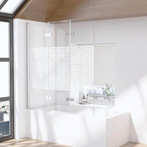 Duschwand für Badewanne 3-teilig 120x140cm Faltbar Duschabtrennung | Badewannenaufsatz Duschtrennwand aus 6mm ESG Sicherheitsglas, Gehärtetes Glas Labyrinthe Streifenmuster Badewannenfaltwand
