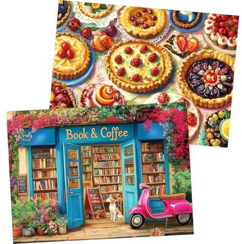 2 Pack 500 Pieces Puzzle for Adults,Bookstore Jigsaw Puzzles 500 Pieces Delicious Pie Dessert Puzzles for Adults 500 Piece Colorful Premium Cardboard Puzzle Family Activity Gift 20.5x15 in