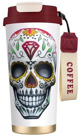 XKBFKLKMC Leakproof Insulated Coffee Mug, Skull Print 16 Oz (500 Ml) Insulated Tumbler Cup with Lid and Straw, Stainless Steel Travel Coffee Cup for Water, Iced Tea Or Coffee