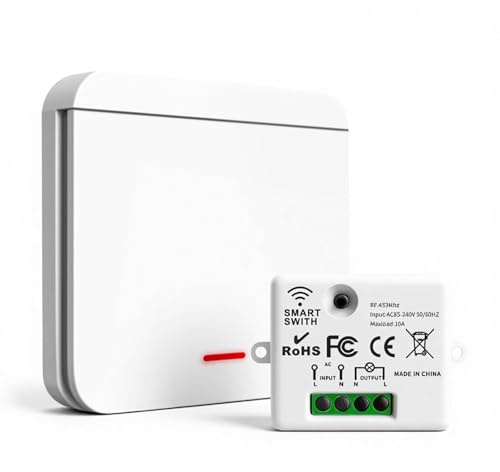 Funk-Lichtschalter Set, Funkschalter Licht & Empfänger bis 1500W/10A, 30m Reichweite, Wandpanel RF Sicherheitsschalter Installation ohne Neutralleiter, Funktaster für Lampen und Elektrogeräte, 1V1