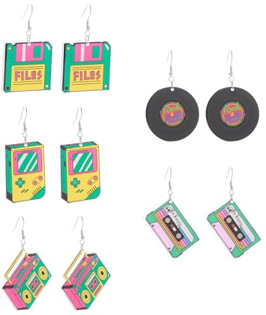 ARYIMYDP 5 Paar Retro Geräte Ohrringe 80 90er, Designs mit Kassette, Spielkonsole und Schallplatte, Perfekt für Partys und Karneval, Verspielte Accessoires für Kostümfeste, für Lustige Anlässe