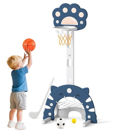 COSTWAY 3 in 1 Kinder Basketballkorb, Basketballständer mit Basketball & Fußball & Golfspiel, Indoor Outdoor Basketballspiel mit Verstellbarer Höhe & faltbarem Korb, für Kinder ab 3 Jahren