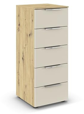 Rauch Möbel Flipp, Kommode, Farbe Beige/Eiche Artisan, Breite 40 cm | Sideboard, 5 Schubladen, Soft-Close-Funktion, für Schlafzimmer, Gästezimmer, Wohnzimmer, Garderobe, Flur
