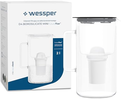 Wessper Caraffa filtrante in Vetro con Cartucce Filtranti per acqua potabile da 2 l, Brocca in Vetro con contatore Filtro Intelligente, Kit Comprendente 1 Filtro a Carbone Attivo- Nero