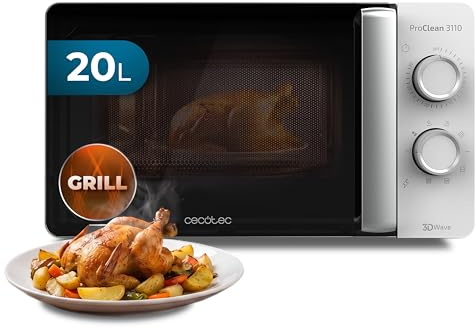 Cecotec Microondas con Grill 20L ProClean 3110 Wave. 700 W, Grill 800 W, 20 L de capacidad, Tecnología 3DWave, Modo Descongelación, 6 Niveles de Potencia, Temporizador 30 mins, Blanco