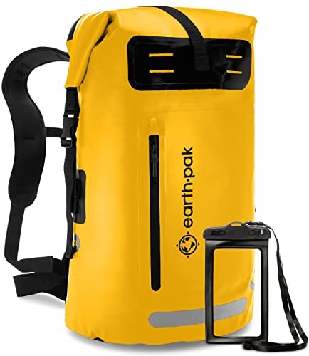 Earth Pak Summit wasserdichter Rucksack, Backpack mit leistungsstarkem Reißverschl 35Luss und Rolltop, wasserfester Handyhülle (Gelb)