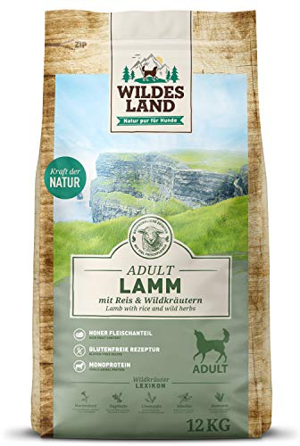 Wildes Land - Nr. 1 Lamm - 12 kg - mit Reis und Wildkräutern - Glutenfrei - Trockenfutter für Hunde - Hundefutter mit hohem Fleischanteil - Für alle Hunderassen - Hohe Verträglichkeit