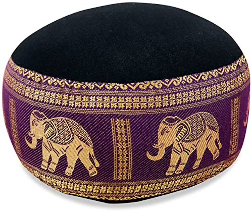 livasia Meditationskissen Thaiseide - Ø 32x20cm - Yogakissen klein mit Kapok, Pouf, Bodenkissen Yoga Zen Meditation, Sitzkissen Garten Balkon, Zafukissen handgefertigt (Schwarz/Lila/Elefanten Seide)