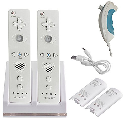 2x Build in Motion Plus GN-010A Wireless Remote Controller & 2x Nunchuk Controller & 1x Charging Dock Controller Includes 2 Pcs of 2800mAh Battery Pack for Nintendo Wii & Wii U (Design-A White/Black)