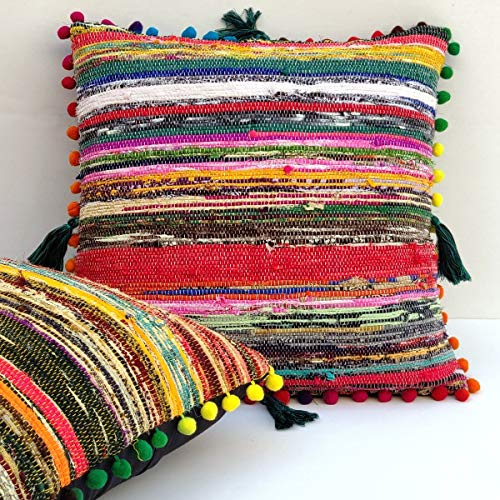 Cojines Tradicionales de Chindi Tejidos a Mano de Jaipur, Almohadas Decorativas Bohemias Trenzadas de Tela de algodón Hechas a Mano Alfombras de Almohadas de Patio 16 x16