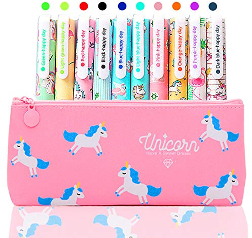 TOYESS Licorne Trousse avec 10 Couleurs Stylo Gel Cadeau pour Enfants Filles Âge 3 4 5 6 7 8 9 10 Ans, Flamant Mignon Ensemble de Stylos Gel Stylo pour Filles Cadeau d'Anniversaire, Rose
