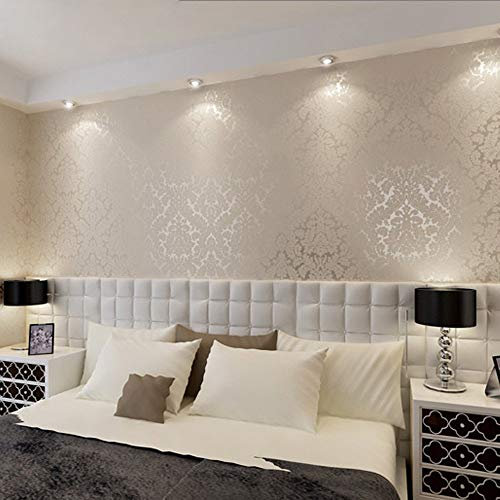 Rouleau de papier peint YangYun de européen vintage damassé en PVC texturé pour décoration de la maison, salon, chambre à coucher, 0,53 m x 10 m = 5,3 m², PVC, Crème et blanc., 1.73' W x 32.8' L