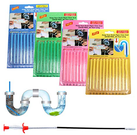 Elinala Abflussreiniger Sticks, Rohrreiniger Spirale, 48PCS Entwässerungs- und Desodorierungsreinigungsstab und ein Stahldrahtkanal-Anti-Blocking-Baggerwerkzeug für Toiletten und Küchen