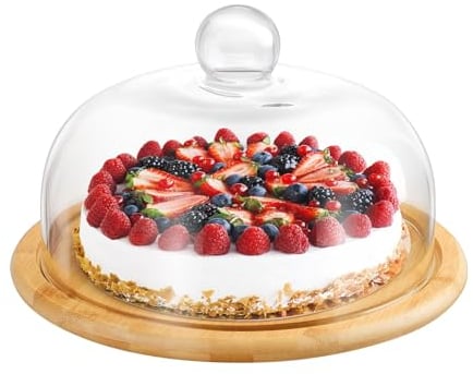 GARNECK Wood Cake Stand with Glass Dome Chocolate Cupcake Candy Display Plate Salad Bowl Snack Tray Serving Platter for Wedding Birthday Party Supplies 22cm