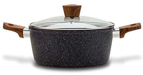 NAVA Olla de granito de 20 cm con tapa de cristal, cacerola de inducción de 2,1 L, revestimiento antiadherente de granito, resistente a los arañazos, libre de PFOA, ideal para guisos, ergonómica, apta