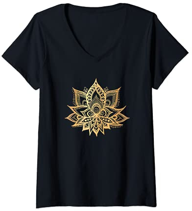 Damen Golden Lotus Blume Gelbes Prana Mandala Schönes elegantes T-Shirt mit V-Ausschnitt