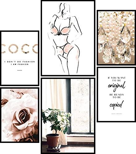 Urhome Poster Set Coco Glamour A4 Bilder für Schlafzimmer Esszimmer Wohnzimmer Deko (2x A4 + 4x A5) Kunstdruck 6 teilig Wandposter Motive Bilderwand ungerahmt