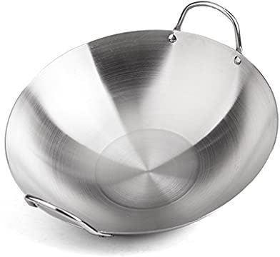 GXDHOME 34cm Extra épaisses Non magnétiques Wok en Acier Inoxydable Oreilles Doubles avec Couvercle en Verre trempé épaissi,Fond Rond Wok Conduction Rapide de la Chaleur Non couché pour Commercial