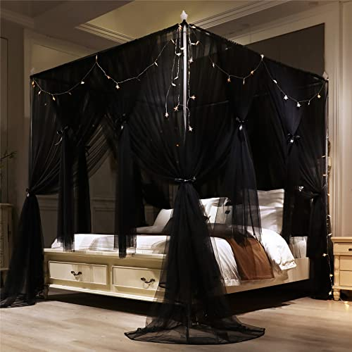 VETHIN Betthimmel mit 4 Ecken, doppellagig, gemütlich, Moskitonetz mit 4 Öffnungen, für Mädchen und Erwachsene, Schlafzimmer, Dekoration, Zubehör (Doppelbett, schwarz, 134,6 x 198,1 x 208,3 cm (L x H)