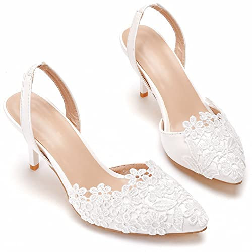 FNKPI Scarpe da Sposa da Sposa, Scarpe da Sposa con Cinturino alla Caviglia da Donna, Scarpe da Sposa in Pizzo Bianco da Sposa per Matrimoni, Feste, Feste da Ballo,Bianca,39 EU