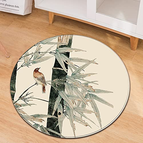 Morbuy Tapis Rond Lavable en Machine, Style Chinois Interieur Anti Slip Chambre à Coucher Salon Tapis d'Entrée Absorbant Antidérapant (100cm,Oiseau en Bambou)