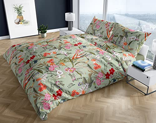 Mako Satin Bettwäsche Tropical Flowers Mint (Garnitur 140x200 + 70x90 cm)