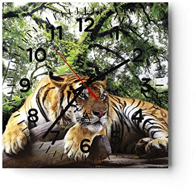Modern Wanduhr Tiger Dschungel Ruhe 30x30cm Quadrat Klein Wand Uhr Glas Analog Zimmeruhren Küche Büro Wohnzimmer Glasuhr Wall Clock Dekoration Design Wanddekoration Küchenuhr C4AC30x30-4166