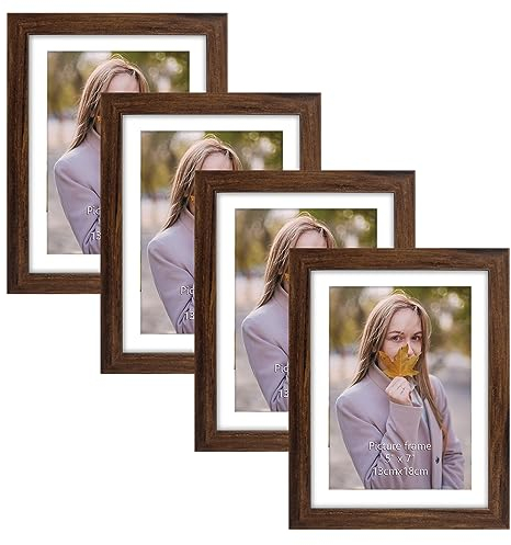 EXYGLO 4er Set Bilderrahmen 13x18 cm mit Passepartout oder 15x20 cm ohne Passepartout, Braun Fotorahmen, Wand- oder Tischaufsteller