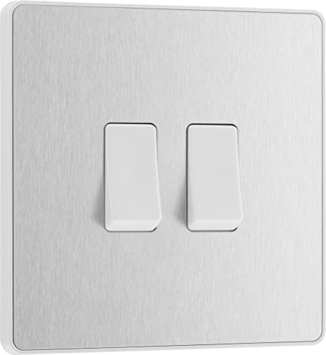 BG Electrical - Interruttore doppio da parete, 2 vie, piastra frontale senza viti, bordi arrotondati, Evolve, acciaio spazzolato, 20A, 16AX, PCDBS42W