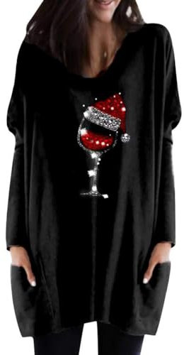 ORANDESIGNE Weihnachtsshirt Damen Langarm Locker Longshirt Oberteile Lang Tee Shirt Casual Langarmshirt Lässig Basic T-Shirt Elegant Vintage Tunika Minikleid Tops mit Tasche A Dunkelgrau 3XL