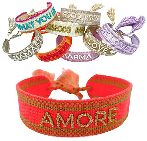 LS-LebenStil Exklusives Statement Armband Quasten besticktes Boho Canvas Webarmband (Amore Orange Gold)