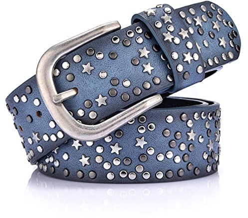 Damen Ledergürtel Mit Nieten in Runder & Sterne Anordnung Für Punk Rock Biker Rocker Hip Hop Oder Jeans Hosen Kleider,Blau,110cm/waist:36~38