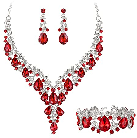 Clearine Damen Hochzeit Braut österreichischen Kristall Teardrop Blume Cluster Statement Halskette Ohrringe und Armband Schmuck-Set für Prom Rubin Silber-Ton