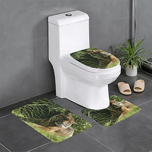 OTRAHCSD 3-teiliges Badvorleger Set Liegend auf dem Gras Tiger Badteppich Badvorleger + Konturenmatte + WC-Deckelbezug mit rutschfester Klebefläche